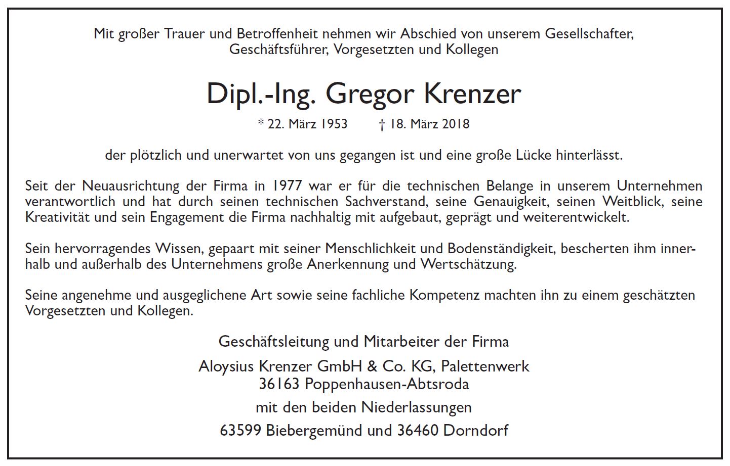 Krenzer Paletten - Traueranzeige